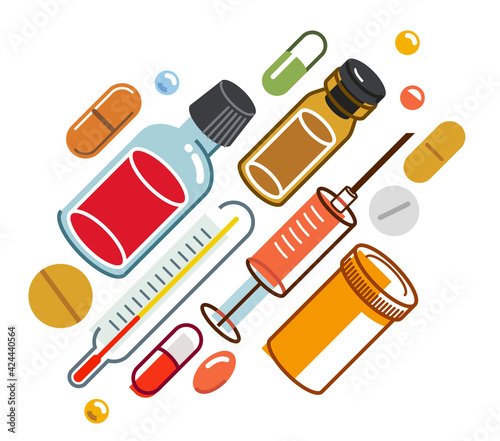 Pharmacy drugs apothecary bottles and pills and ampules, big composition set of medicaments vector flat illustration isolated, health care and healing medical theme design.