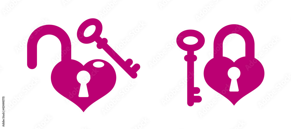 Heart shaped padlock vector logo or icon, lock and turnkey love theme in a shape of heart open or closed emotions, secret feelings concept, Valentine theme.