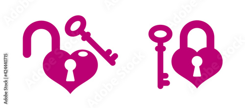 Heart shaped padlock vector logo or icon, lock and turnkey love theme in a shape of heart open or closed emotions, secret feelings concept, Valentine theme.