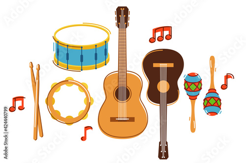 Acoustic music instruments composition vector flat illustration isolated on white, rock ballads concert or festival, live sound fest, rock musical bands.