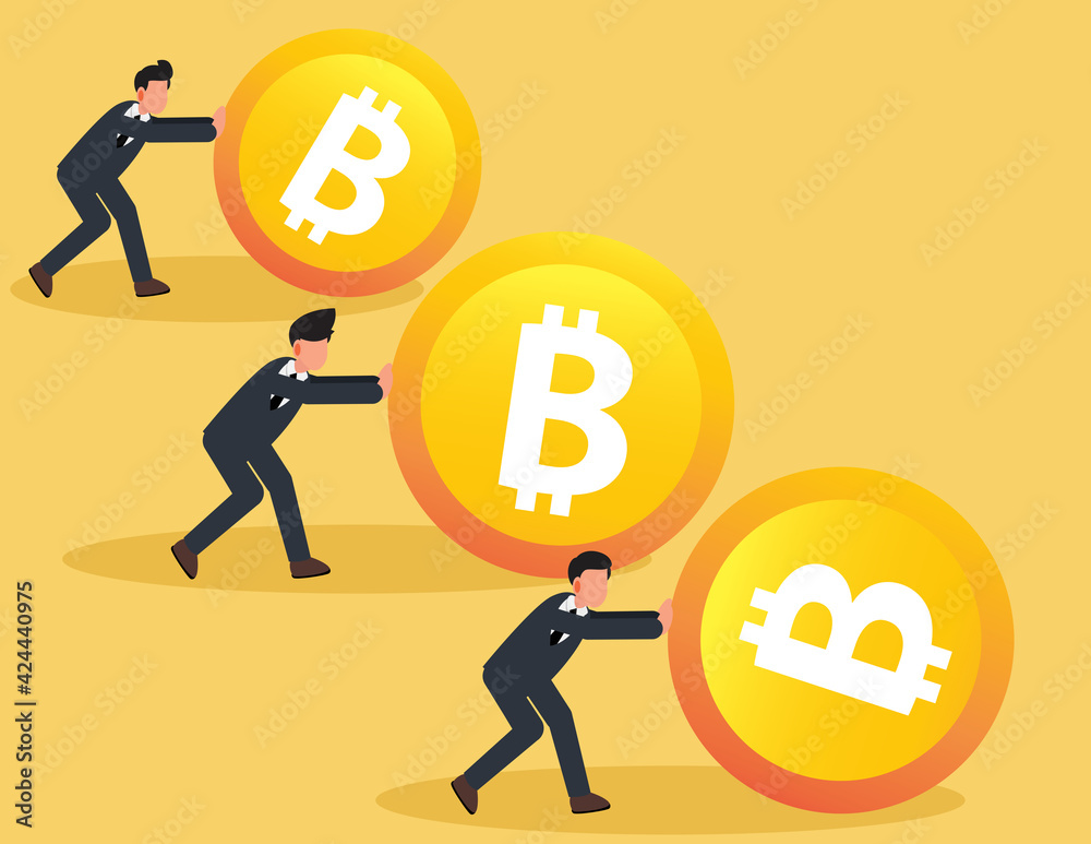 Businessman rolling and pushing Bitcoin coin on the smooth to the goal of success. business finance. leadership. Businessman rolling and pushing Bitcoin coin on the smooth to the goal of success. business finance. leadership.