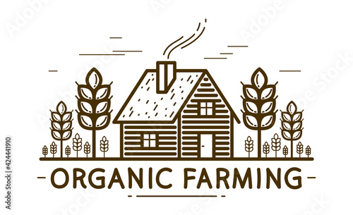 Farm house with spikes farming vector emblem or logo isolated on white background, woodhouse and wheat farm agriculture illustration, monochrome linear single-color version.