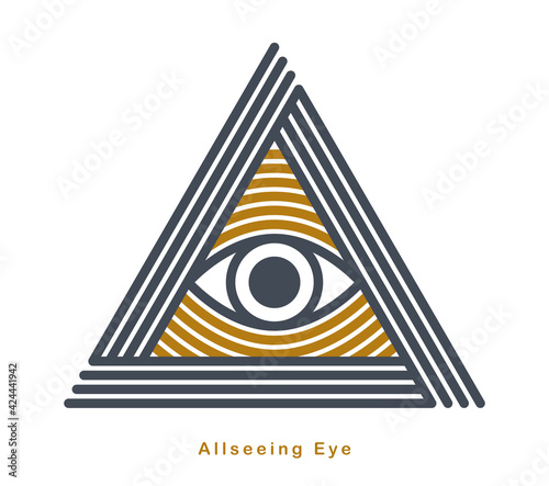 All seeing eye in triangle pyramid vector ancient symbol in modern linear style isolated on white, eye of god, masonic sign, secret knowledge illuminati.