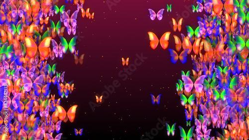 Sweet Colorful Swarm Butterflies Flying On Left And Right Border Space For Text With Glitter Dust On Red Background © agratitudesign