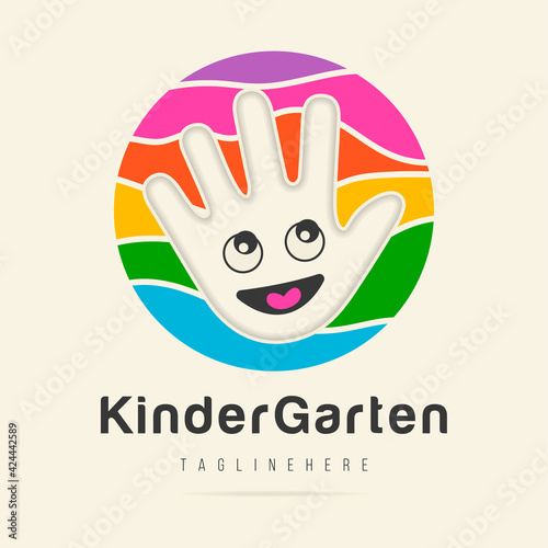 Abstract amusing bright circle kids palm arm kindergarten logo,childhood paint sign,kids club icon,playground symbol.Design templates kid shop,toy store,kindergarten.Vector illustration hand drawn