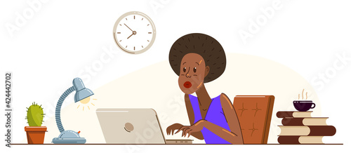 Young African ethnicity woman alarmed in problem working on a project in stress vector flat illustration isolated, urgent panic deadline job in office or home, solving problem.