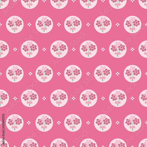 Vintage circle floral bouquet vector illustration seamless repeat pattern design on pink background.
