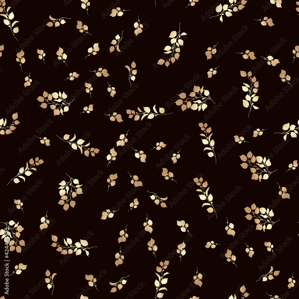 Plants line gold. Luxurious golden nature seamless pattern. Branches and leaves in a thin line. Dark background. Vector abstract background.