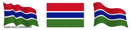 flag of Gambia in static position and in motion, fluttering in wind in exact colors and sizes, on white background