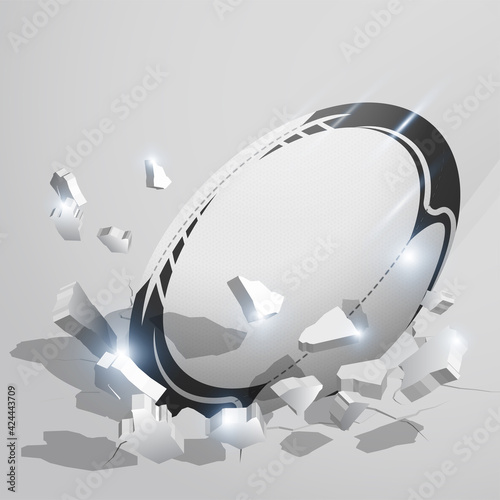 sport rugby ball crashed into the ground at high speed and breaks into shards, cracks. Inflicting heavy damage. Vector