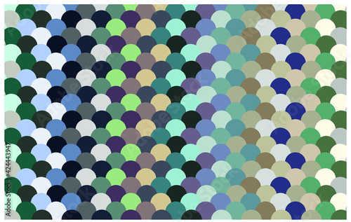 Multicolored circles background, color-matched seashells, vector EPS 10. Horizontal illustration, redacted document.