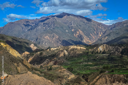 Aerial view of Colca Canyon region in Peru. Southamerican valley, landscape and mountains