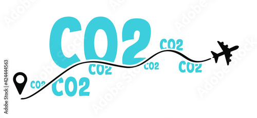 Carbon dioxide emissions. Airplane destination co2 air pollution.  Flat vector plane sign. CO2 smog warning.