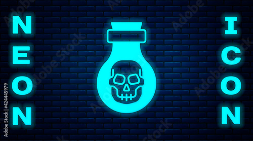 Glowing neon Poison in bottle icon isolated on brick wall background. Bottle of poison or poisonous chemical toxin. Vector