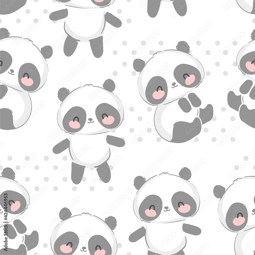 Cute panda bear hand drawn seamless pattern vector illustration kids trend design print Cute panda bear hand drawn seamless pattern vector illustration kids trend design print