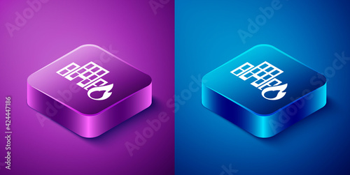 Isometric Fire in burning buildings on city street icon isolated on blue and purple background. Destroyed city on fire. Square button. Vector