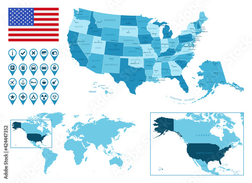 United States of America detailed administrative blue map with country flag and location on the world map. Vector illustration