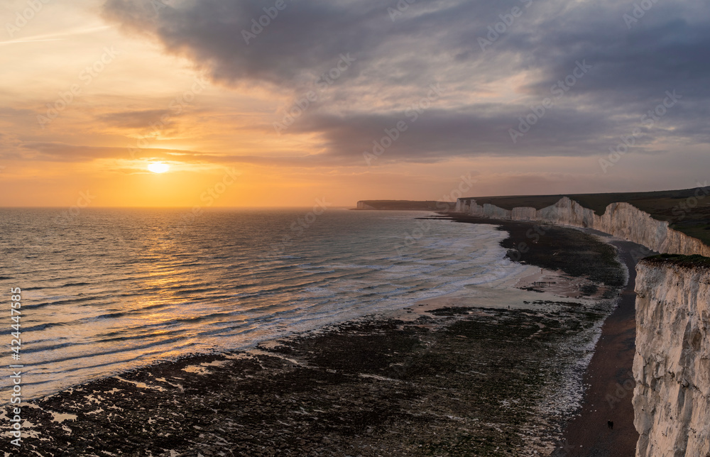 Sunset from the cliff edge at Birling Gap Seven Sister on the coast of East Sussex, south east England