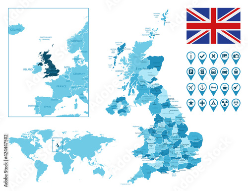 United Kingdom detailed administrative blue map with country flag and location on the world map. Vector illustration