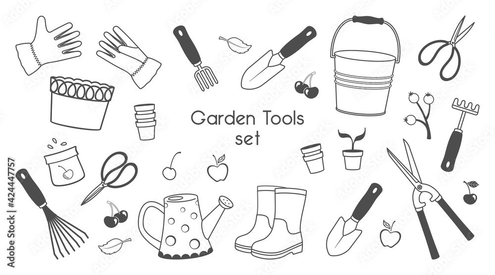 Black and white set of garden tools and supplies, farming equipment on a white background. Vector outline elements for Design of garden shop, garden centers. Set for gardening concept. Design template Black and white set of garden tools and supplies, farming equipment on a white background. Vector outline elements for Design of garden shop, garden centers. Set for gardening concept. Design template