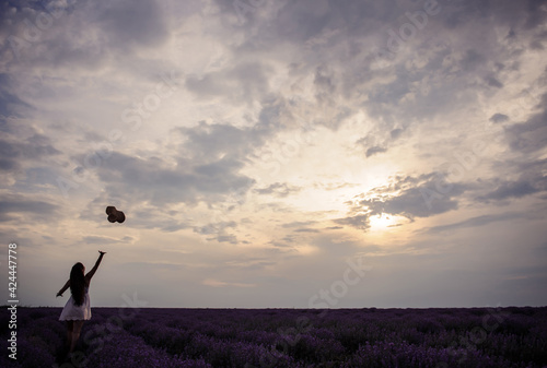 Back view of a young woman in white dress and straw hat walking in the lavender field.