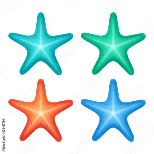 Set of starfish, different color. Marine creature. Realistic vector illustration, isolated on white background.