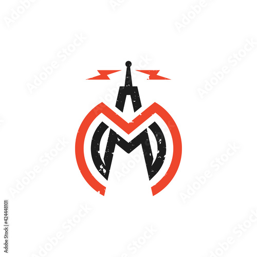 Radio tower logo with letter M - bold and strong design for radio and podcast