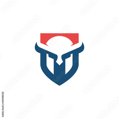 viking silhouette in red and blue shield shape - protection logo design template