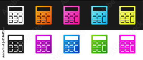 Set Calculator icon isolated on black and white background. Accounting symbol. Business calculations mathematics education and finance. Vector