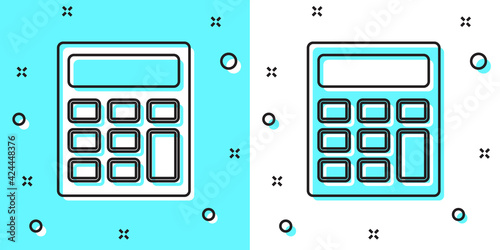 Black line Calculator icon isolated on green and white background. Accounting symbol. Business calculations mathematics education and finance. Random dynamic shapes. Vector