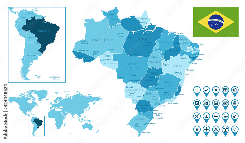 Brazil detailed administrative blue map with country flag and location on the world map. Vector illustration