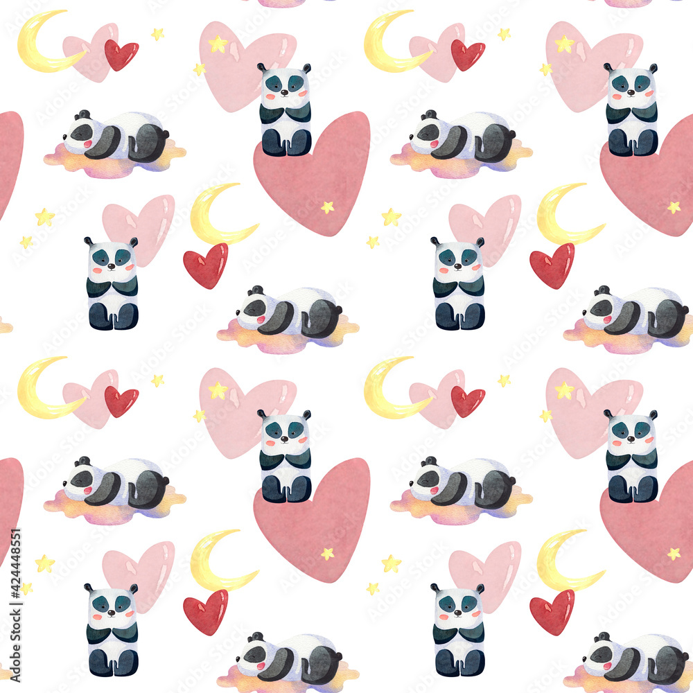 Cute pattern with pandas on the cloud with moon, stars and red heart will be ideal for lovers and children Cute pattern with pandas on the cloud with moon, stars and red heart will be ideal for lovers and children