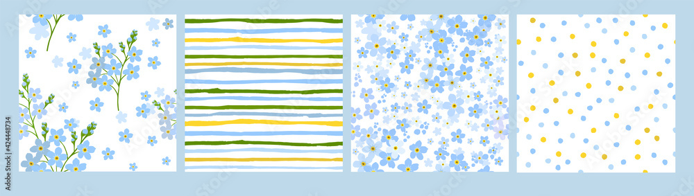 Set of floral backgrounds with small flowers. Blue forget-me-nots. Vector illustration