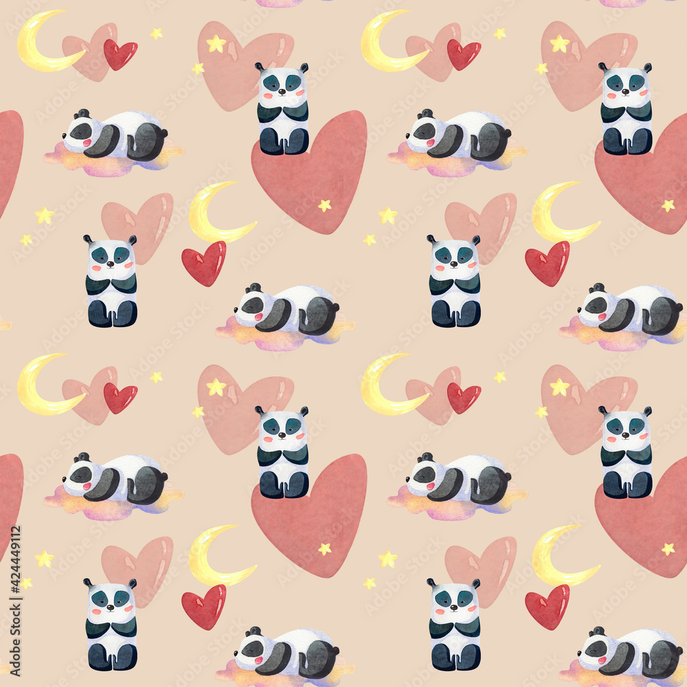 Cute pattern with pandas on the cloud with moon, stars and red heart will be ideal for lovers and children Cute pattern with pandas on the cloud with moon, stars and red heart will be ideal for lovers and children