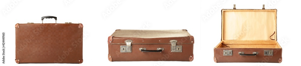 © Mouse family - Vintage suitcase collage on white. Open, closed, front and side views.