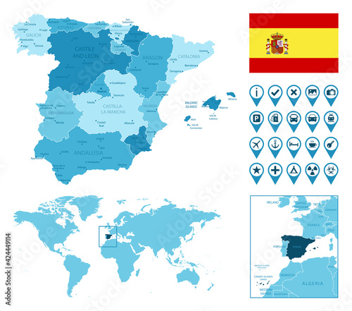 Spain detailed administrative blue map with country flag and location on the world map. Vector illustration