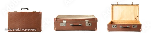 Vintage suitcase collage on white. Open, closed, front and side views.