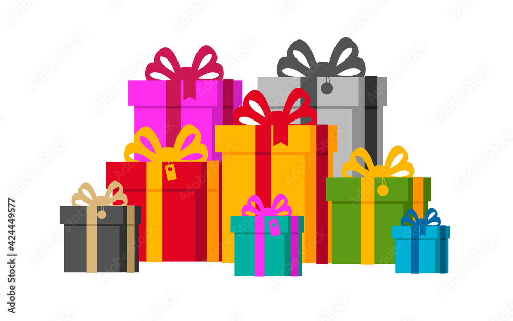 Big pile of colorful gift boxes wrapped in solid bright color paper with bright solid color ribbons, simple flat perspective graphic