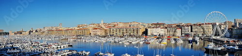 Panoramic view of the churches, domes, rooftops and Vieux port of Marseille, France