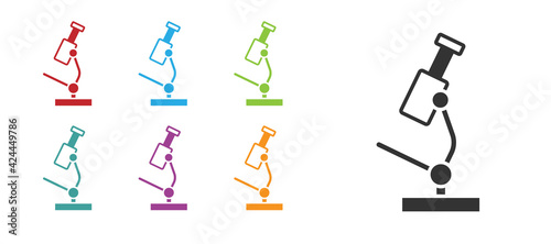 Black Microscope icon isolated on white background. Chemistry  pharmaceutical instrument  microbiology magnifying tool. Set icons colorful. Vector