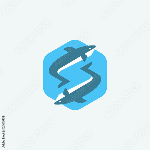 2 playful sharks logo design template form letter S with hexagon backgound - logotype vector