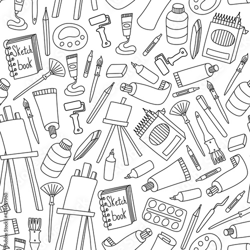 Art supplies seamless pattern. Black outline hand drawn tools for painters on white background. Vector illustration.