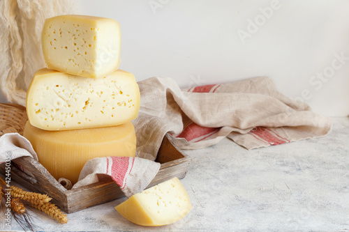 Pieces of  fresh homemade cheese on a tray close up