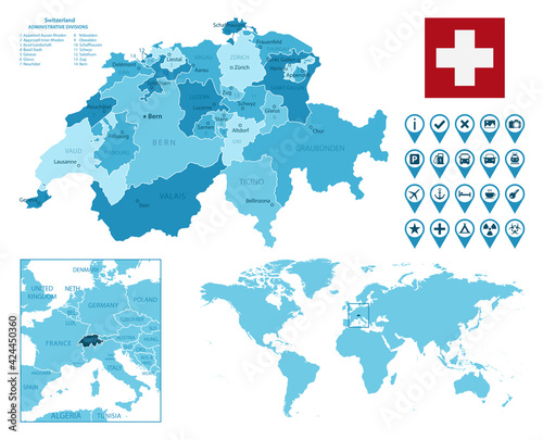 Switzerland detailed administrative blue map with country flag and location on the world map. Vector illustration
