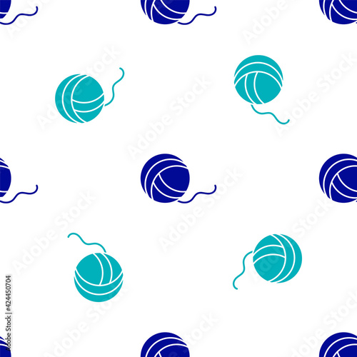 Blue Yarn ball icon isolated seamless pattern on white background. Label for hand made, knitting or tailor shop. Vector