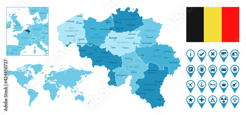 Belgium detailed administrative blue map with country flag and location on the world map. Vector illustration