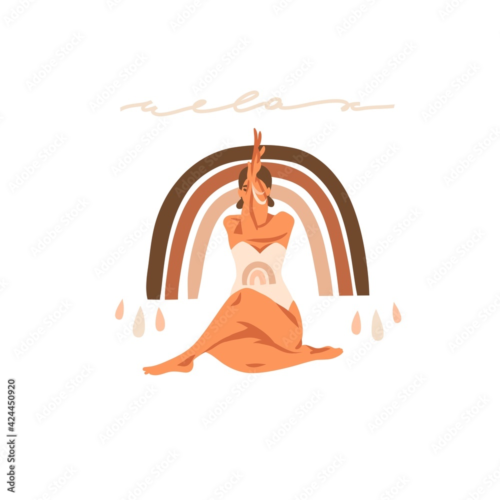 Hand drawn vector abstract stock graphic bohemian clipart illustration with young happy beauty female character,meditating and yoga practitioner isolated on white background - obrazy, fototapety, plakaty 