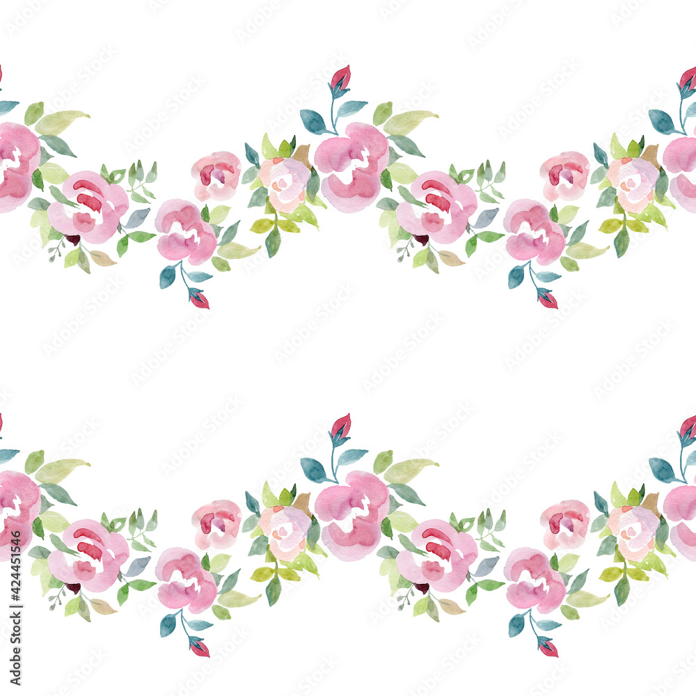 seamless border with roses watercolor pastel colors illustration