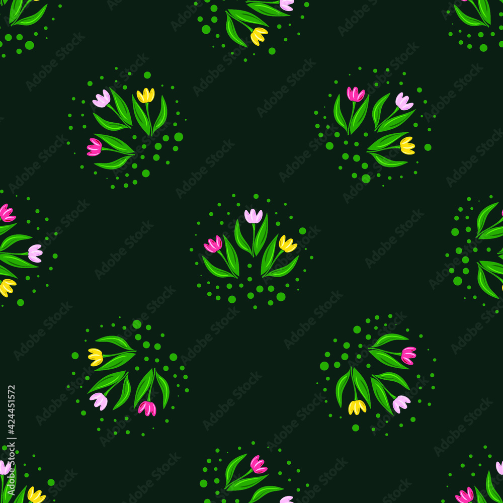 Vector seamless pattern with multi-colored flowers and green leaves on a green background. Use in fabric, wrapping paper, wallpaper, bags, clothes, dishes, cases on smartphones and tablets.