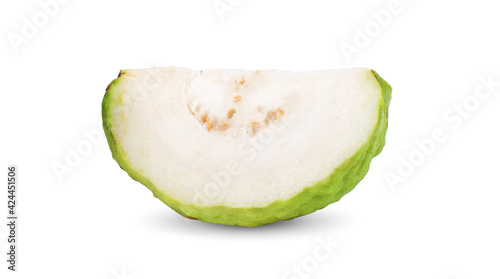 Guava fruit with leaf isolated on white background .